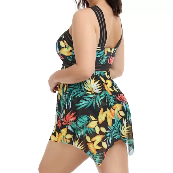 imageCUPSHE Women Plus Size Bathing Suit Two Piece Tankini Swimsuits Crossover Striped Bands Flowy Swim Dress with BottomsYellow Leaf Print