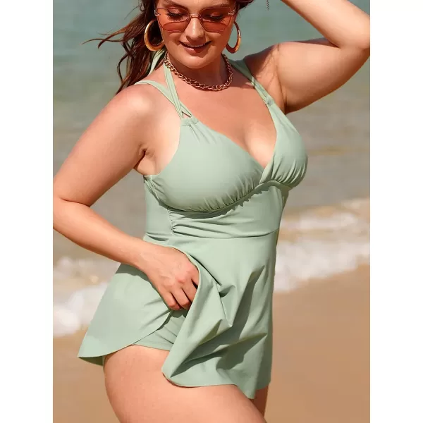 imageCUPSHE Women Plus Size Bathing Suit Two Piece Tankini Swimsuits Halter Dual Straps Flowy Swim Dress with BottomsMint Green