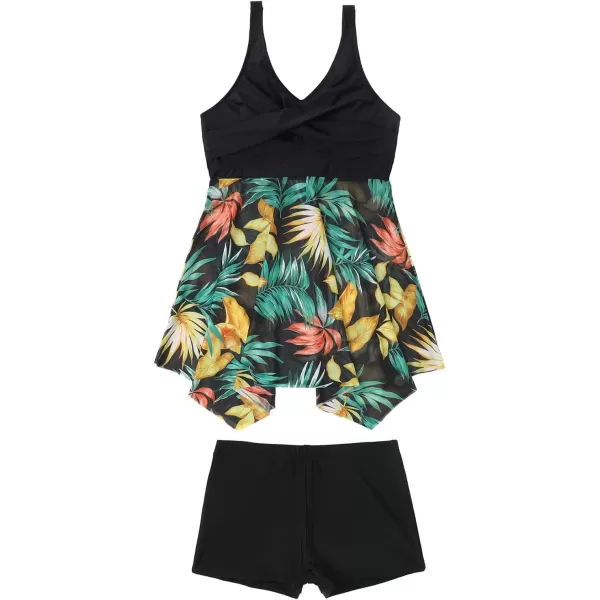 imageCUPSHE Women Plus Size Bathing Suit Two Piece Tankini Swimsuits V Neck Adjustable Strap Swim Dress with BoyshortsBlack and Tropical Print