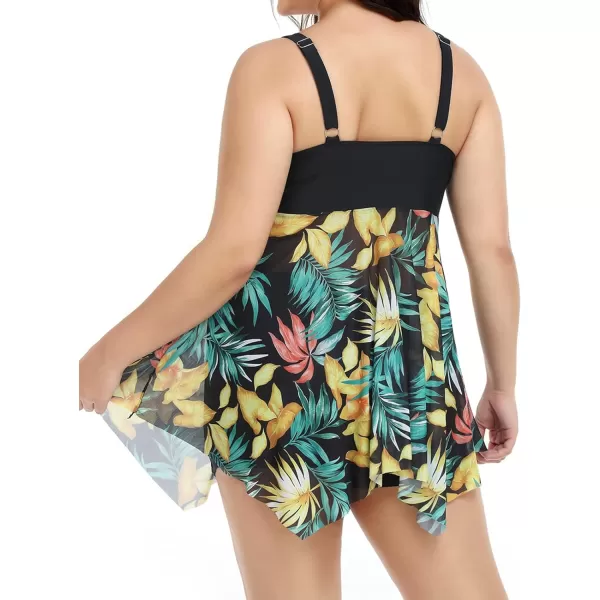 imageCUPSHE Women Plus Size Bathing Suit Two Piece Tankini Swimsuits V Neck Adjustable Strap Swim Dress with BoyshortsBlack and Tropical Print
