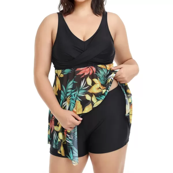 imageCUPSHE Women Plus Size Bathing Suit Two Piece Tankini Swimsuits V Neck Adjustable Strap Swim Dress with BoyshortsBlack and Tropical Print