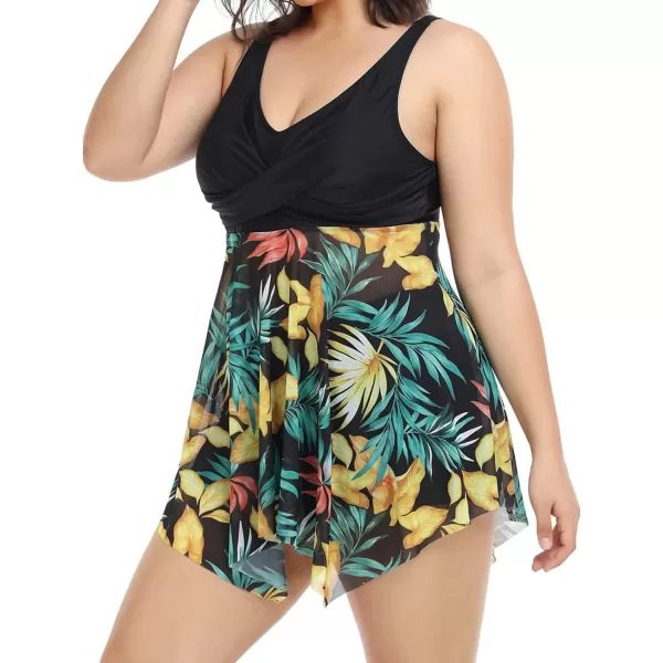 imageCUPSHE Women Plus Size Bathing Suit Two Piece Tankini Swimsuits V Neck Adjustable Strap Swim Dress with BoyshortsBlack and Tropical Print