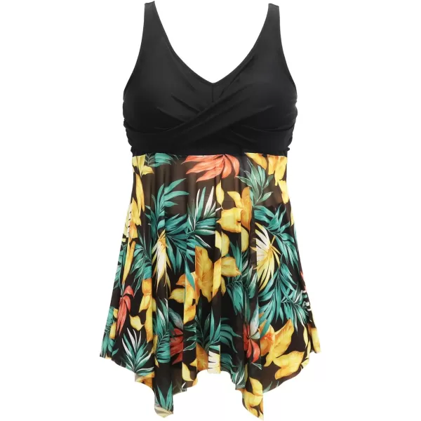 imageCUPSHE Women Plus Size Bathing Suit Two Piece Tankini Swimsuits V Neck Adjustable Strap Swim Dress with BoyshortsBlack and Tropical Print