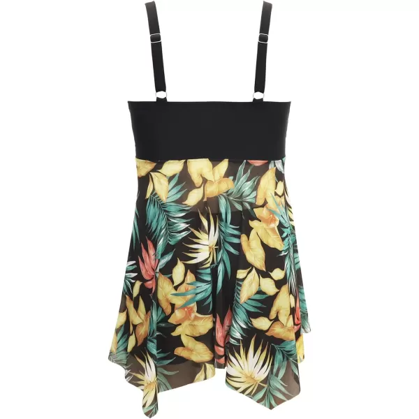 imageCUPSHE Women Plus Size Bathing Suit Two Piece Tankini Swimsuits V Neck Adjustable Strap Swim Dress with BoyshortsBlack and Tropical Print