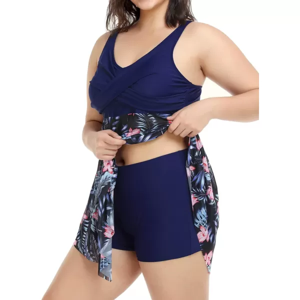 imageCUPSHE Women Plus Size Bathing Suit Two Piece Tankini Swimsuits V Neck Adjustable Strap Swim Dress with BoyshortsNavy and Tropical Print