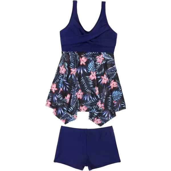 imageCUPSHE Women Plus Size Bathing Suit Two Piece Tankini Swimsuits V Neck Adjustable Strap Swim Dress with BoyshortsNavy and Tropical Print