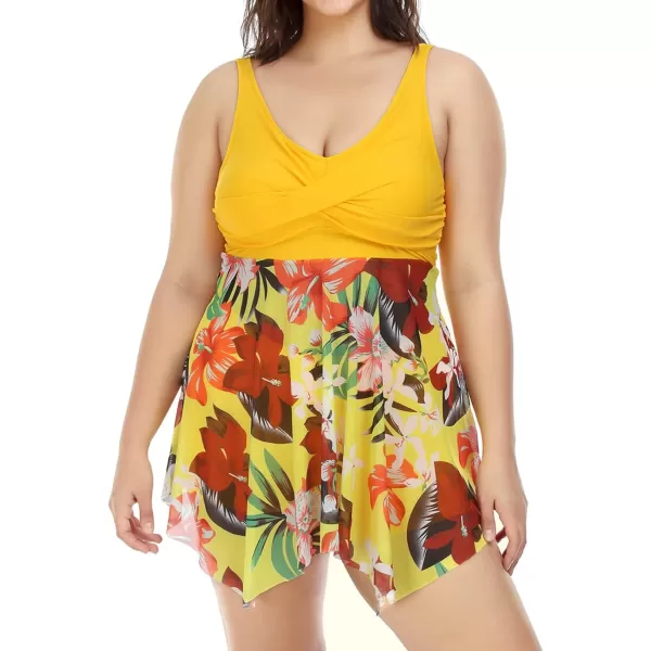 imageCUPSHE Women Plus Size Bathing Suit Two Piece Tankini Swimsuits V Neck Adjustable Strap Swim Dress with BoyshortsYellow and Tropical Print