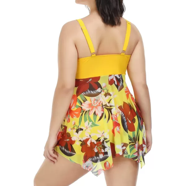 imageCUPSHE Women Plus Size Bathing Suit Two Piece Tankini Swimsuits V Neck Adjustable Strap Swim Dress with BoyshortsYellow and Tropical Print