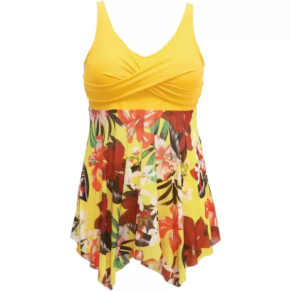 imageCUPSHE Women Plus Size Bathing Suit Two Piece Tankini Swimsuits V Neck Adjustable Strap Swim Dress with BoyshortsYellow and Tropical Print