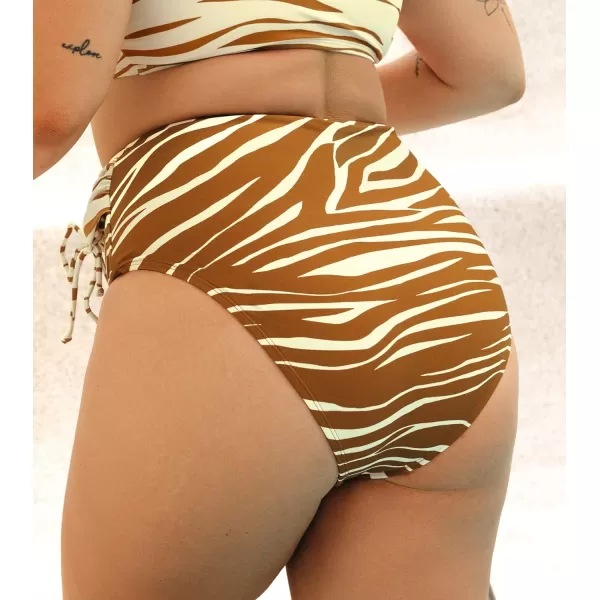 imageCUPSHE Women Plus Size Bikini Bottom Drawstring Ruched Bathing Suit High Waisted Swimsuit BottomsYelllow and Brown