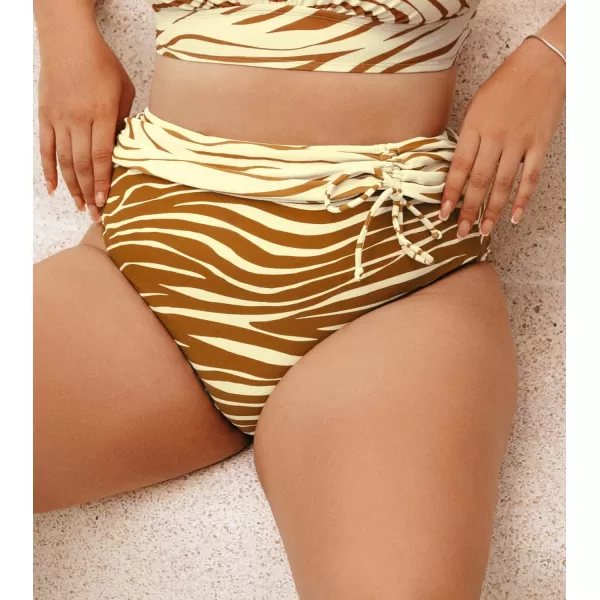 imageCUPSHE Women Plus Size Bikini Bottom Drawstring Ruched Bathing Suit High Waisted Swimsuit BottomsYelllow and Brown