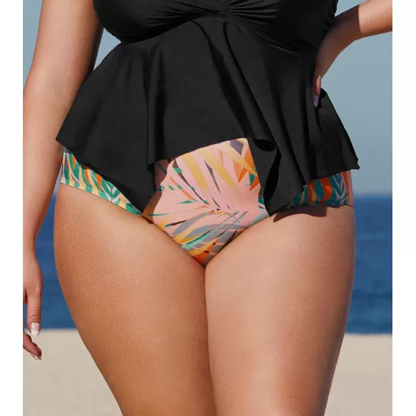 imageCUPSHE Women Plus Size Bikini Bottom High Waisted Swimsuit Full Coverage Bathing Suit Tropical PrintTropical Leaf Print