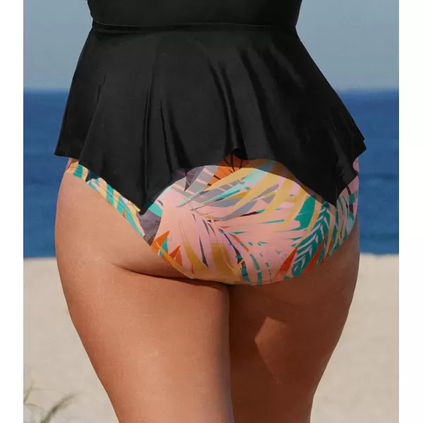 imageCUPSHE Women Plus Size Bikini Bottom High Waisted Swimsuit Full Coverage Bathing Suit Tropical PrintTropical Leaf Print