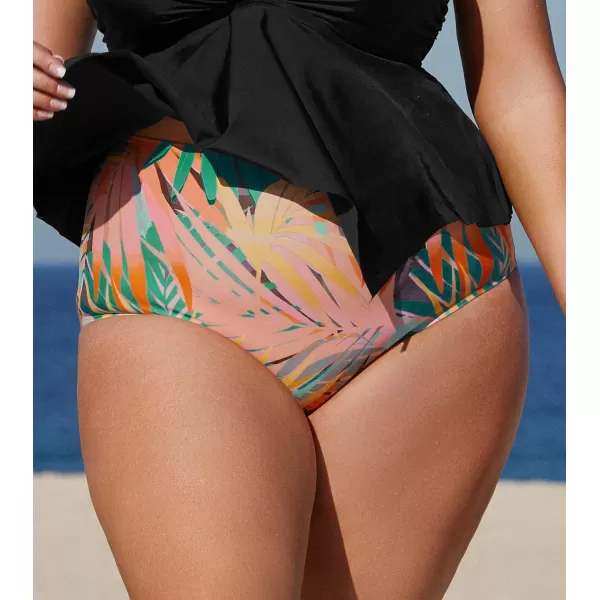 imageCUPSHE Women Plus Size Bikini Bottom High Waisted Swimsuit Full Coverage Bathing Suit Tropical PrintTropical Leaf Print