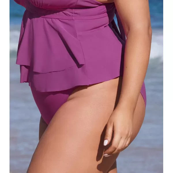 imageCUPSHE Women Plus Size Bikini Bottom Mid Rise Swimsuit Classic Coverage Bathing SuitRose Red