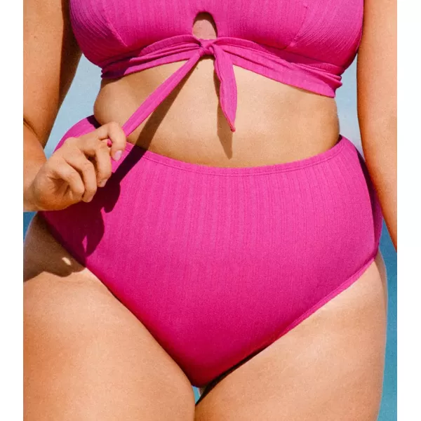 imageCUPSHE Women Plus Size Bikini Bottom Swimsuit Ribbed Tummy Control High Waisted BottomRose Red