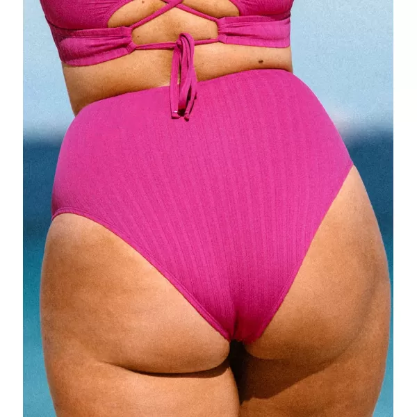 imageCUPSHE Women Plus Size Bikini Bottom Swimsuit Ribbed Tummy Control High Waisted BottomRose Red