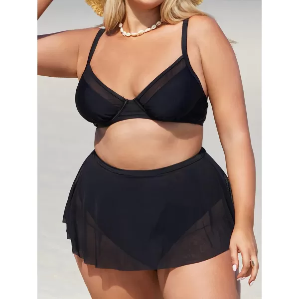 imageCUPSHE Women Plus Size Bikini Top Mesh Bathing Suit V Neck Underwire Swimsuit Top with Back HookBlack