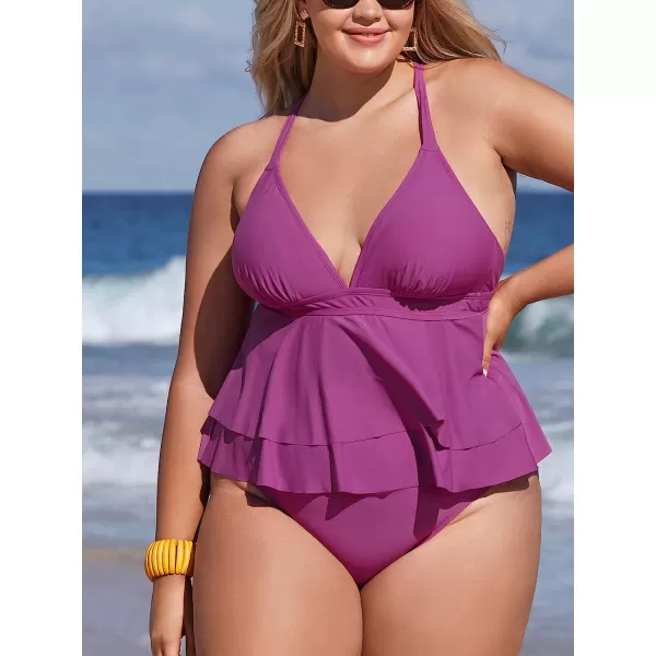 imageCUPSHE Women Plus Size Bikini Top V Neck Swimsuit Crisscross Back Tie Tiered Flounce HemRose Red