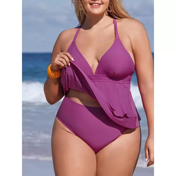 imageCUPSHE Women Plus Size Bikini Top V Neck Swimsuit Crisscross Back Tie Tiered Flounce HemRose Red