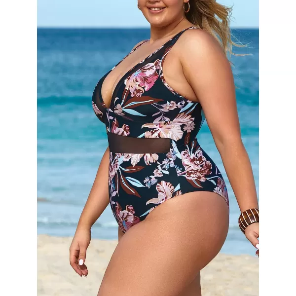 imageCUPSHE Women Plus Size One Piece Swimsuit V Neck Mesh Sheer Tummy Control Bathing Suit with Adjustable Wide StrapsBlack Floral