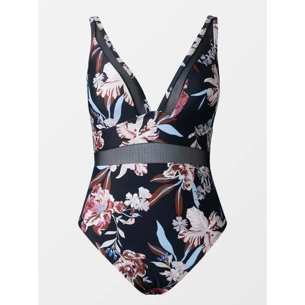 imageCUPSHE Women Plus Size One Piece Swimsuit V Neck Mesh Sheer Tummy Control Bathing Suit with Adjustable Wide StrapsBlack Floral