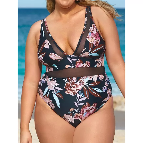 imageCUPSHE Women Plus Size One Piece Swimsuit V Neck Mesh Sheer Tummy Control Bathing Suit with Adjustable Wide StrapsBlack Floral