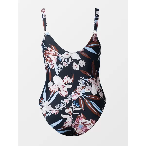 imageCUPSHE Women Plus Size One Piece Swimsuit V Neck Mesh Sheer Tummy Control Bathing Suit with Adjustable Wide StrapsBlack Floral