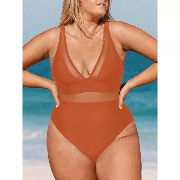 imageCUPSHE Women Plus Size One Piece Swimsuit V Neck Mesh Sheer Tummy Control Bathing Suit with Adjustable Wide StrapsBurnt Orange
