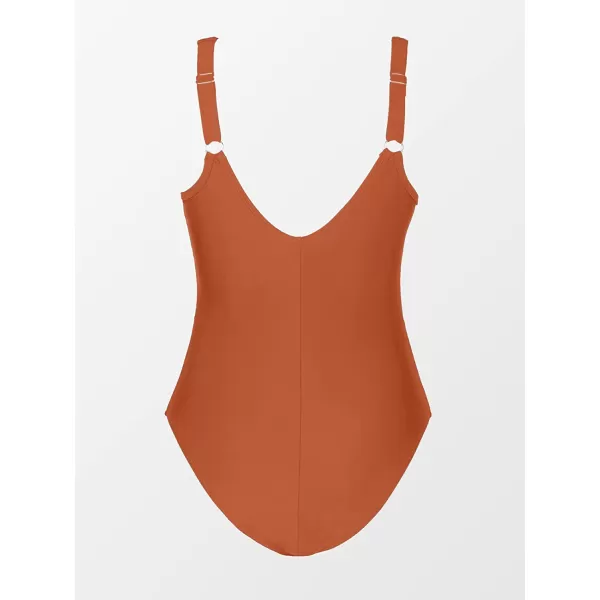 imageCUPSHE Women Plus Size One Piece Swimsuit V Neck Mesh Sheer Tummy Control Bathing Suit with Adjustable Wide StrapsBurnt Orange