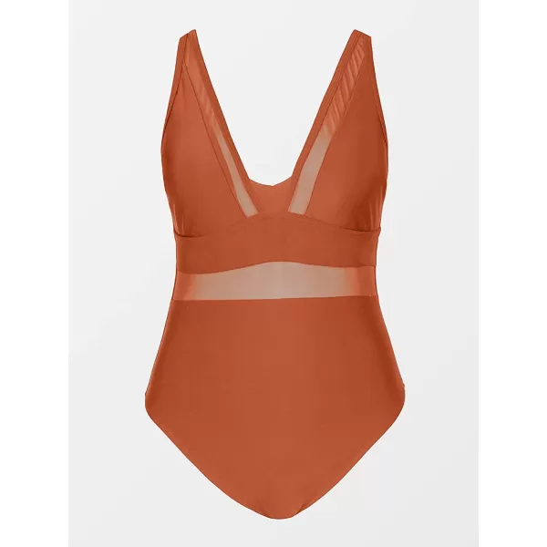imageCUPSHE Women Plus Size One Piece Swimsuit V Neck Mesh Sheer Tummy Control Bathing Suit with Adjustable Wide StrapsBurnt Orange