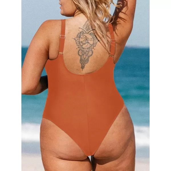 imageCUPSHE Women Plus Size One Piece Swimsuit V Neck Mesh Sheer Tummy Control Bathing Suit with Adjustable Wide StrapsBurnt Orange