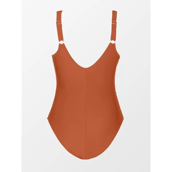 imageCUPSHE Women Plus Size One Piece Swimsuit V Neck Mesh Sheer Tummy Control Bathing Suit with Adjustable Wide StrapsBurnt Orange