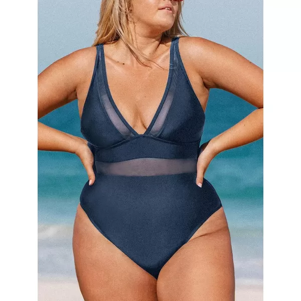 imageCUPSHE Women Plus Size One Piece Swimsuit V Neck Mesh Sheer Tummy Control Bathing Suit with Adjustable Wide StrapsDark Blue