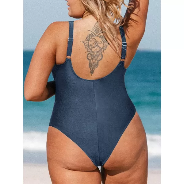 imageCUPSHE Women Plus Size One Piece Swimsuit V Neck Mesh Sheer Tummy Control Bathing Suit with Adjustable Wide StrapsDark Blue