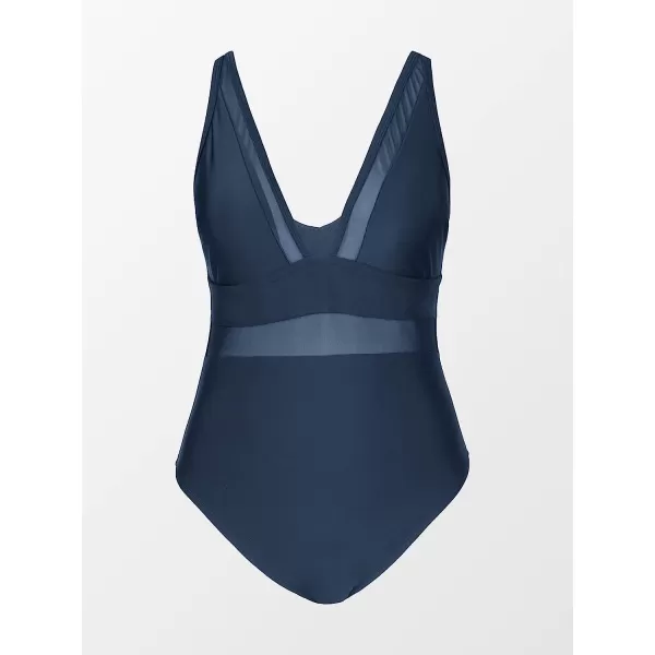 imageCUPSHE Women Plus Size One Piece Swimsuit V Neck Mesh Sheer Tummy Control Bathing Suit with Adjustable Wide StrapsDark Blue
