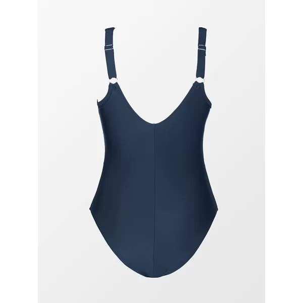 imageCUPSHE Women Plus Size One Piece Swimsuit V Neck Mesh Sheer Tummy Control Bathing Suit with Adjustable Wide StrapsDark Blue