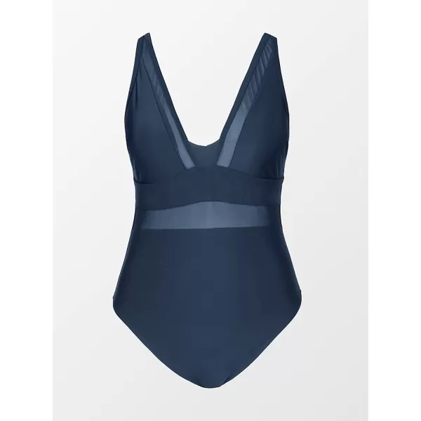 imageCUPSHE Women Plus Size One Piece Swimsuit V Neck Mesh Sheer Tummy Control Bathing Suit with Adjustable Wide StrapsDark Blue