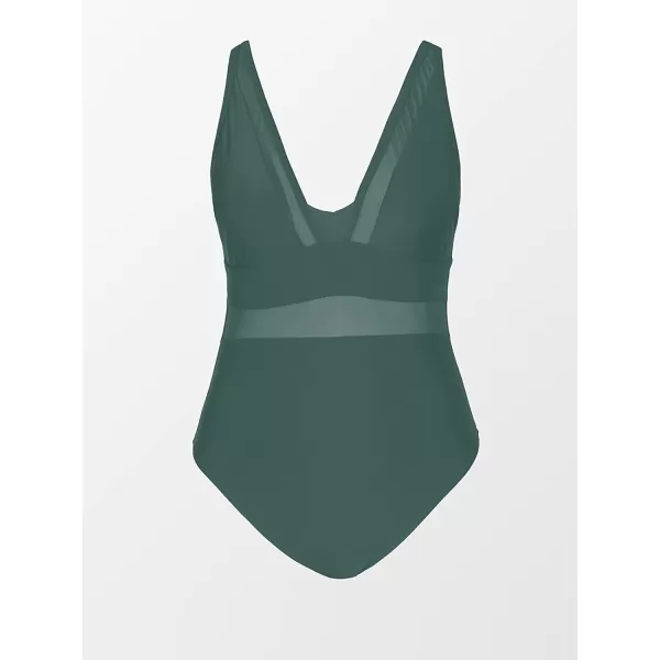 imageCUPSHE Women Plus Size One Piece Swimsuit V Neck Mesh Sheer Tummy Control Bathing Suit with Adjustable Wide StrapsDark Green