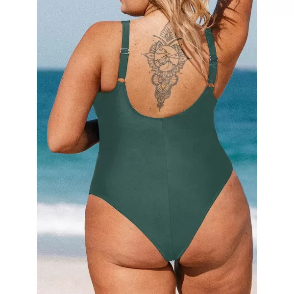 imageCUPSHE Women Plus Size One Piece Swimsuit V Neck Mesh Sheer Tummy Control Bathing Suit with Adjustable Wide StrapsDark Green
