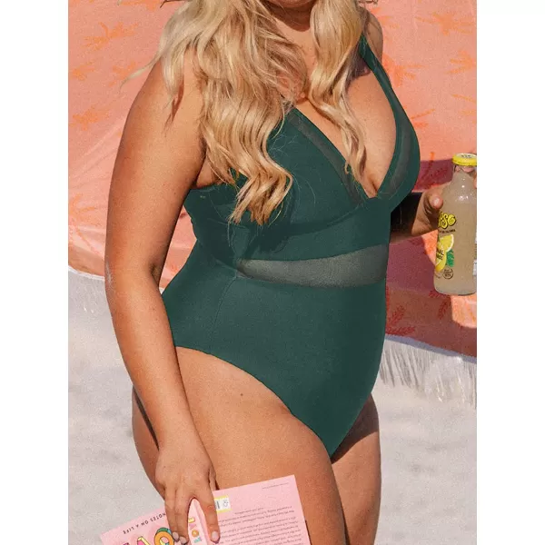 imageCUPSHE Women Plus Size One Piece Swimsuit V Neck Mesh Sheer Tummy Control Bathing Suit with Adjustable Wide StrapsDark Green