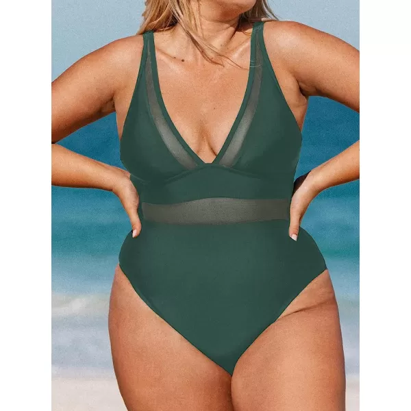 imageCUPSHE Women Plus Size One Piece Swimsuit V Neck Mesh Sheer Tummy Control Bathing Suit with Adjustable Wide StrapsDark Green