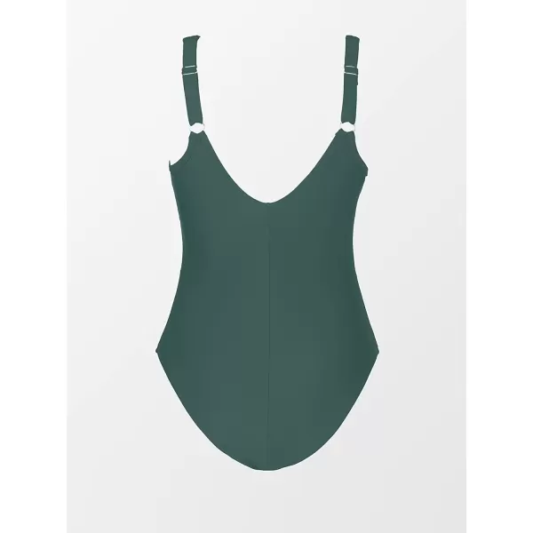imageCUPSHE Women Plus Size One Piece Swimsuit V Neck Mesh Sheer Tummy Control Bathing Suit with Adjustable Wide StrapsDark Green