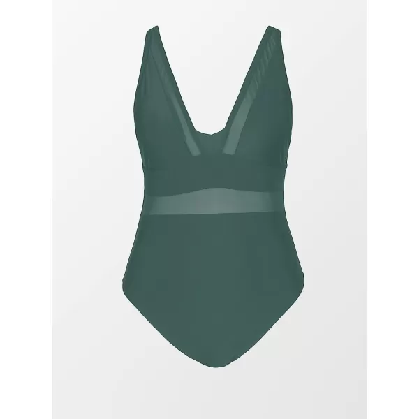 imageCUPSHE Women Plus Size One Piece Swimsuit V Neck Mesh Sheer Tummy Control Bathing Suit with Adjustable Wide StrapsDark Green