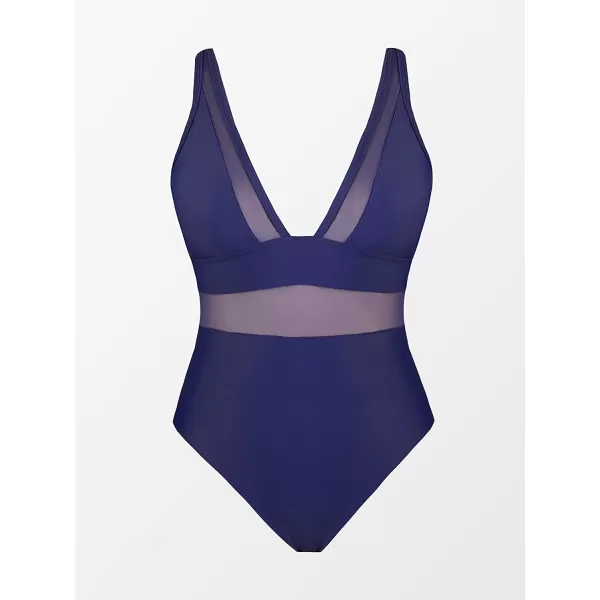 imageCUPSHE Women Plus Size One Piece Swimsuit V Neck Mesh Sheer Tummy Control Bathing Suit with Adjustable Wide StrapsDark Purple