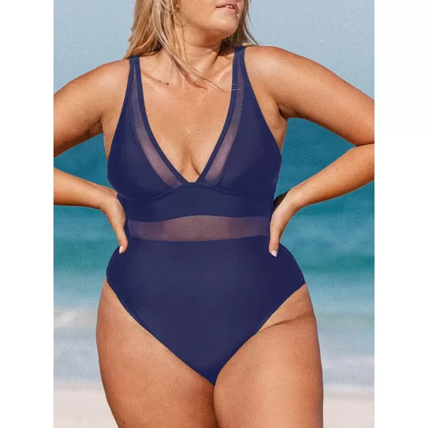 imageCUPSHE Women Plus Size One Piece Swimsuit V Neck Mesh Sheer Tummy Control Bathing Suit with Adjustable Wide StrapsDark Purple
