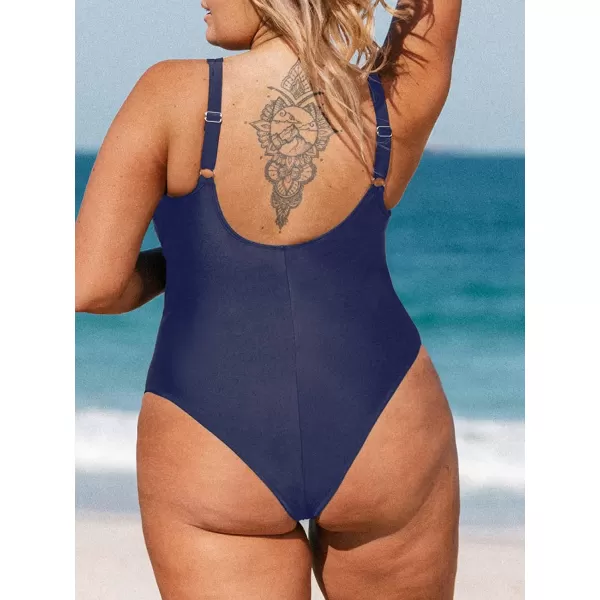 imageCUPSHE Women Plus Size One Piece Swimsuit V Neck Mesh Sheer Tummy Control Bathing Suit with Adjustable Wide StrapsDark Purple