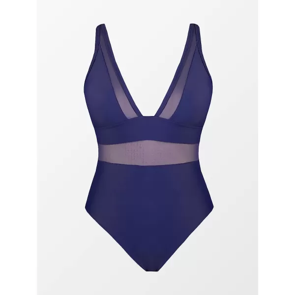 imageCUPSHE Women Plus Size One Piece Swimsuit V Neck Mesh Sheer Tummy Control Bathing Suit with Adjustable Wide StrapsDark Purple