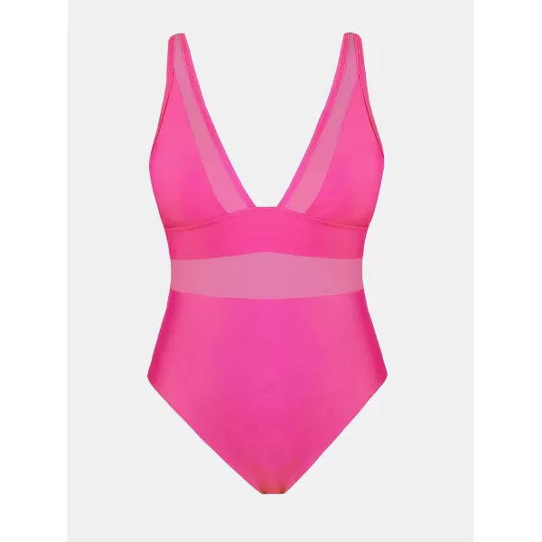 imageCUPSHE Women Plus Size One Piece Swimsuit V Neck Mesh Sheer Tummy Control Bathing Suit with Adjustable Wide StrapsMagenta