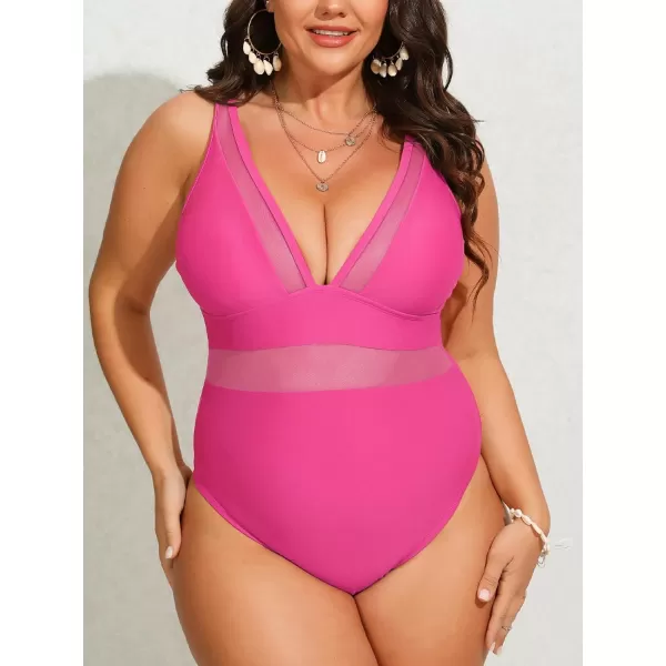 imageCUPSHE Women Plus Size One Piece Swimsuit V Neck Mesh Sheer Tummy Control Bathing Suit with Adjustable Wide StrapsMagenta